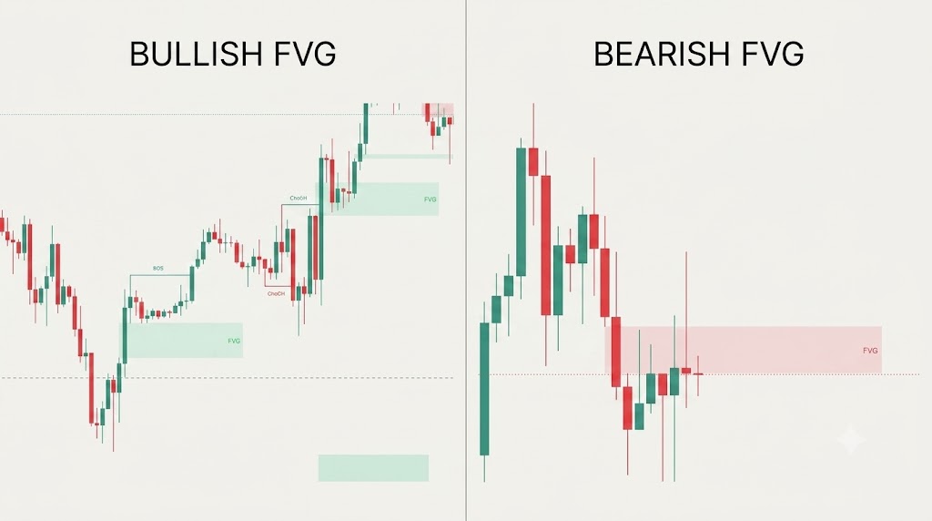 Three-candle bullish and bearish Fair Value Gap formation showing the imbalance left by directional displacement.