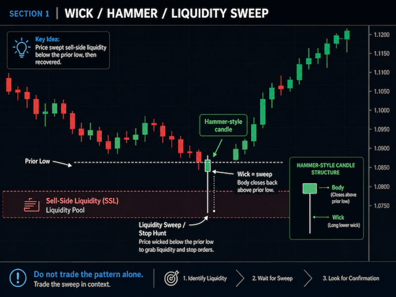 How to read a lower candlestick wick sweeping sell-side liquidity below a previous low before price reclaims the level.