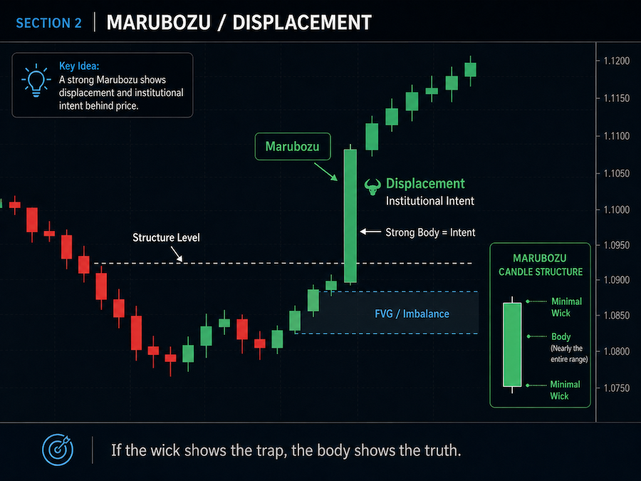 How to read a bullish displacement candle breaking market structure with a strong body and leaving a fair value gap.