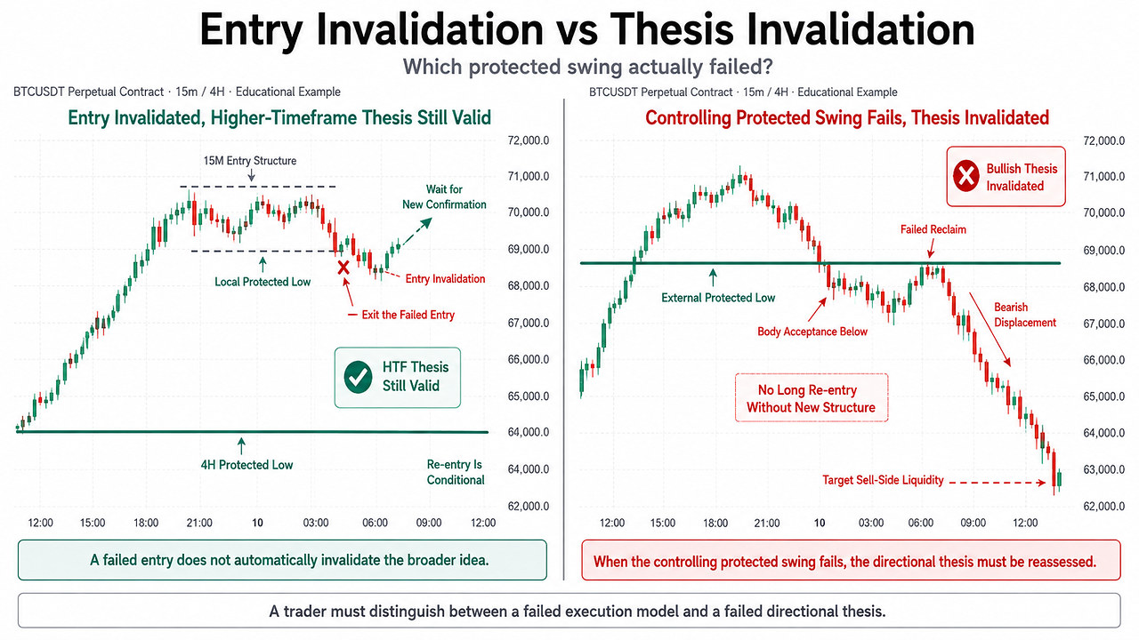 BTCUSDT comparison showing lower-timeframe entry invalidation while the four-hour protected low remains intact versus full thesis invalidation after acceptance below the external protected low.