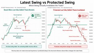BTCUSDT comparison showing a recent micro low failing while the protected low remains intact versus actual protected-low failure followed by acceptance below, a failed reclaim, and bearish displacement.