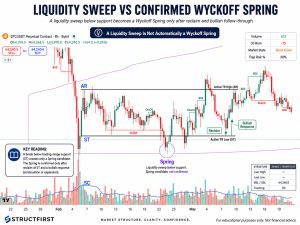 Annotated BTCUSDT eight-hour Bybit chart showing a liquidity sweep below active trading-range support, followed by reclaim and bullish response confirming a Wyckoff Spring.
