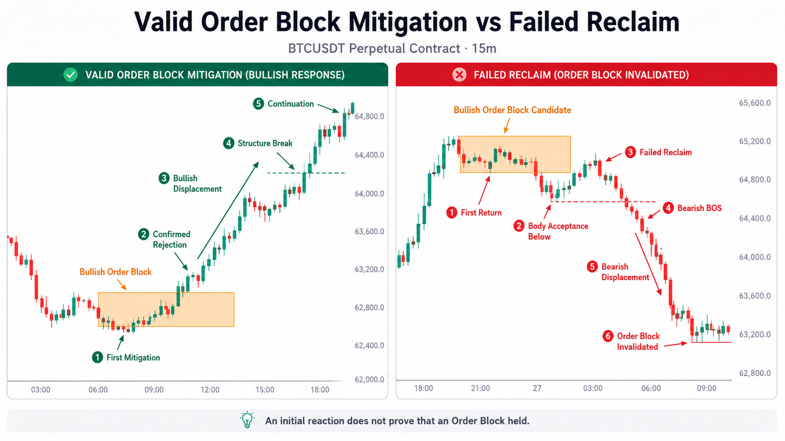 BTCUSDT 15-minute comparison showing valid bullish Order Block mitigation followed by displacement and a failed Order Block followed by acceptance below, a failed reclaim, and bearish displacement.