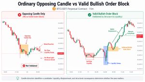 BTCUSDT 15-minute Bybit chart showing sell-side liquidity, a liquidity sweep, a bullish Order Block, bullish displacement, a Fair Value Gap, a relevant swing break, and the protected low.