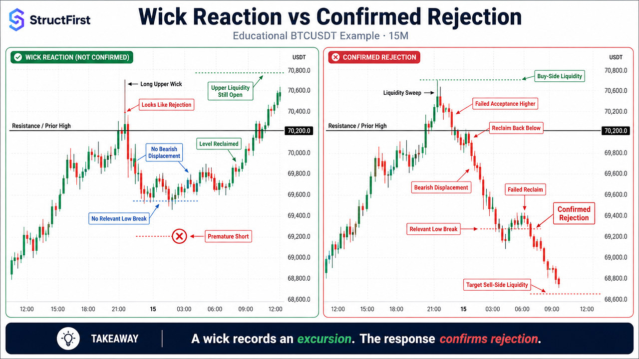 BTCUSDT 15-minute comparison showing a long wick above resistance without bearish confirmation versus confirmed rejection with a liquidity sweep, displacement, a relevant low break, and a failed reclaim.